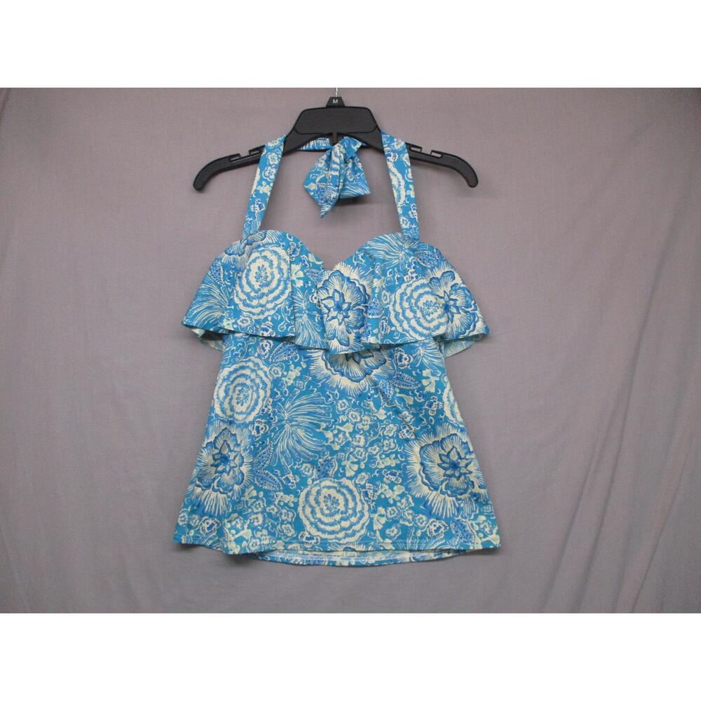Lands End Blue Floral Boho Ruffle Swimwear Top Womens Size 4 - Picture 1 of 9